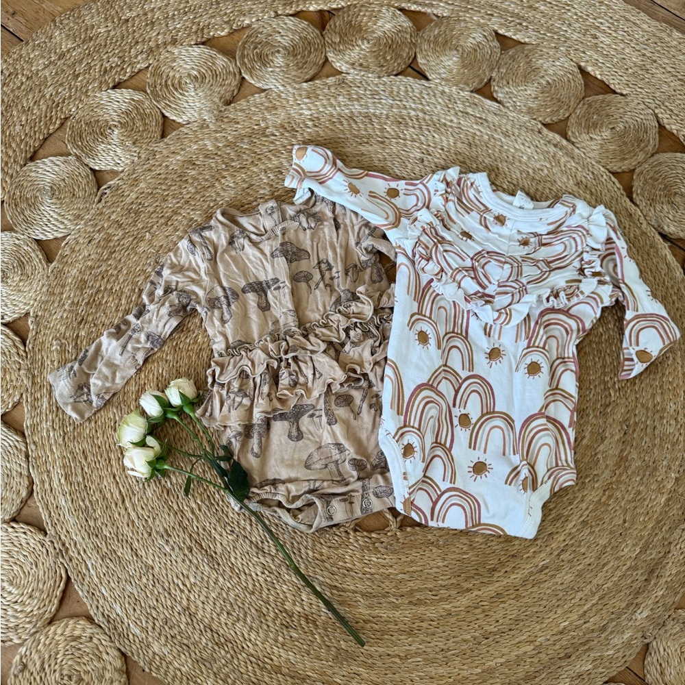 Set of Two Kate Quinn Baby Rompers with Ruffle and Rainbow/Mushroom Designs